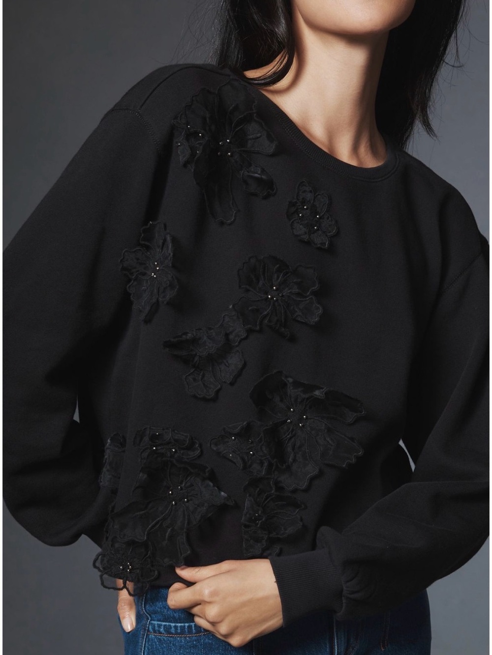By Anthropologie 3-D Appliqué  Flower Pullover Black size XL
